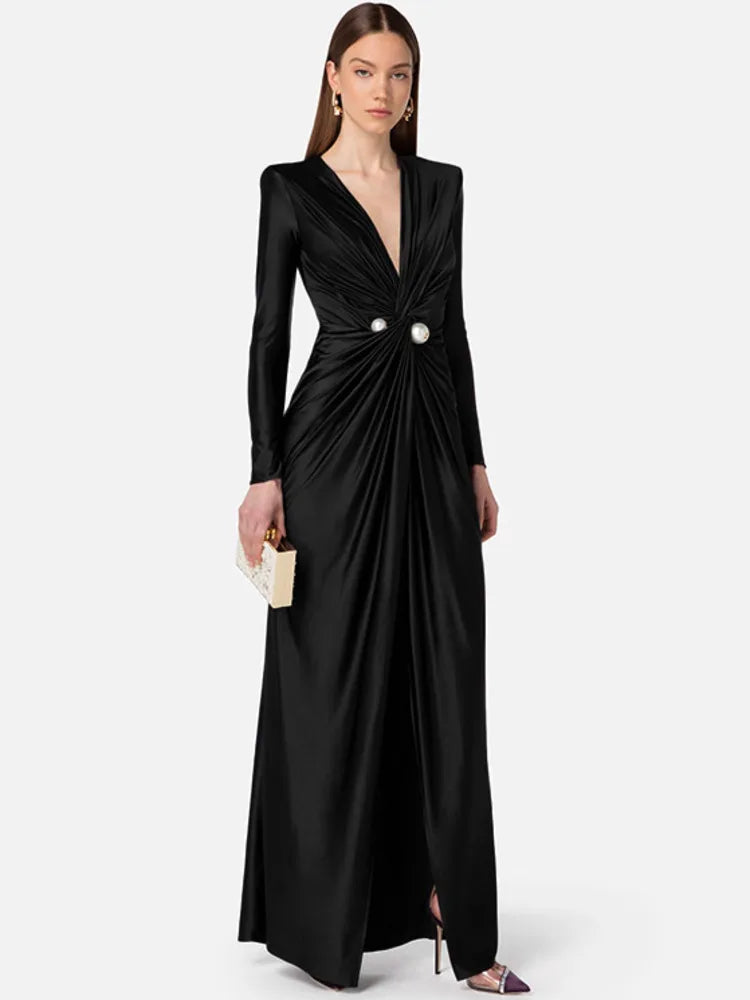 Elegant Deep V Neck Black Pearl Maxi Dress Rown