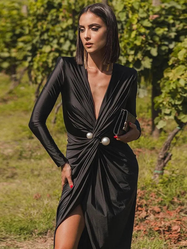 Elegant Deep V Neck Black Pearl Maxi Dress Rown