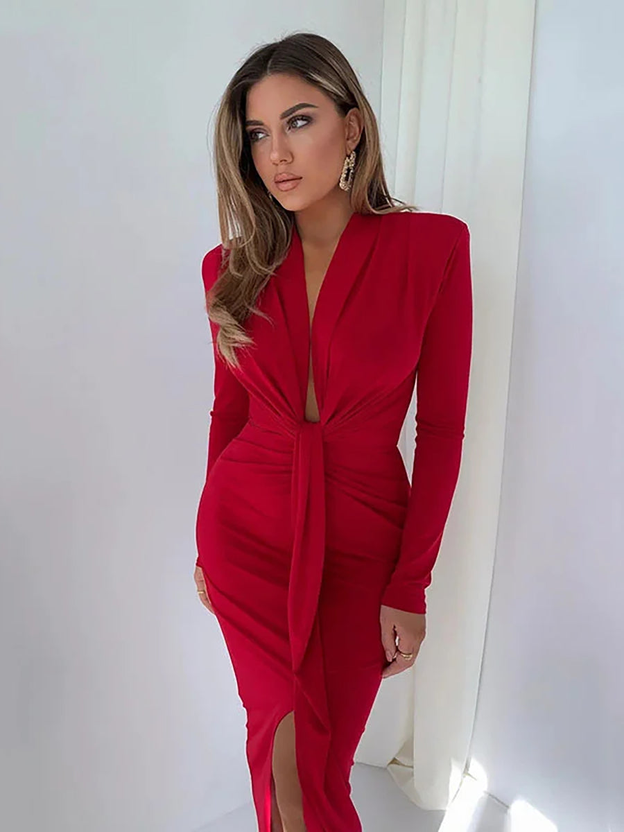 Elegant Deep V Neck Full Sleeve Ruched Midi Dress Rown