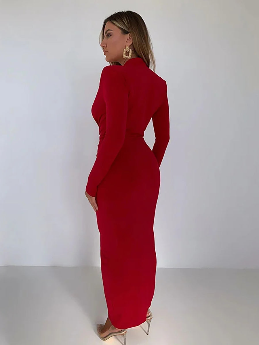 Elegant Deep V Neck Full Sleeve Ruched Midi Dress Rown