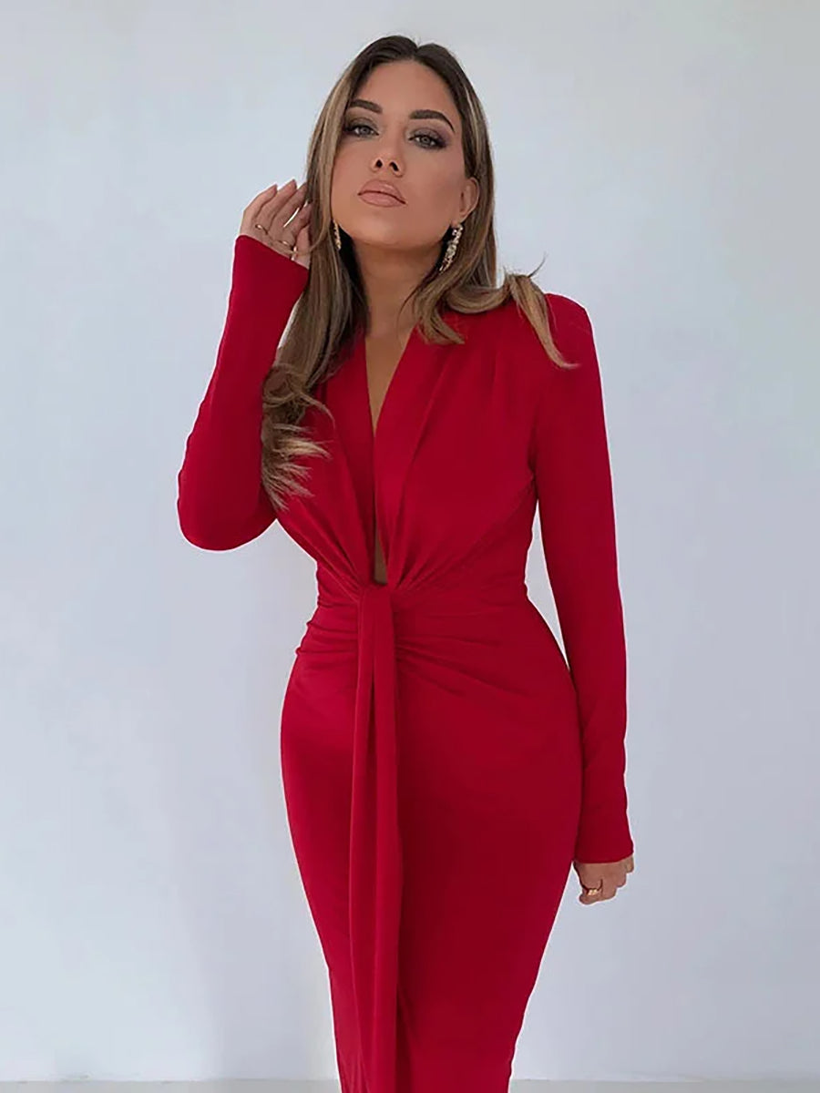 Elegant Deep V Neck Full Sleeve Ruched Midi Dress Rown