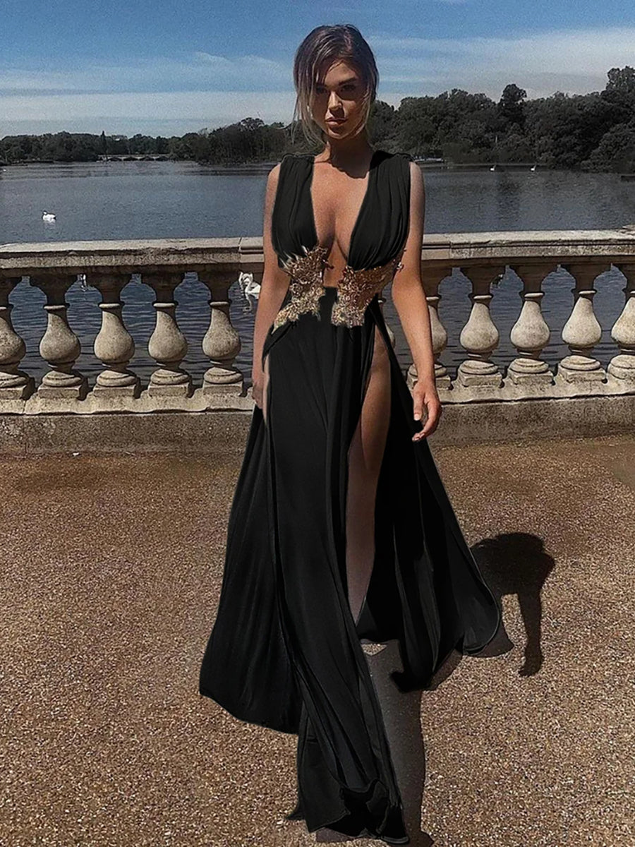 Elegant Deep V Neck High Split Maxi Dress Rown