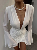 Elegant Deep V Neck White Ruched Bodycon Mini Dress Rown