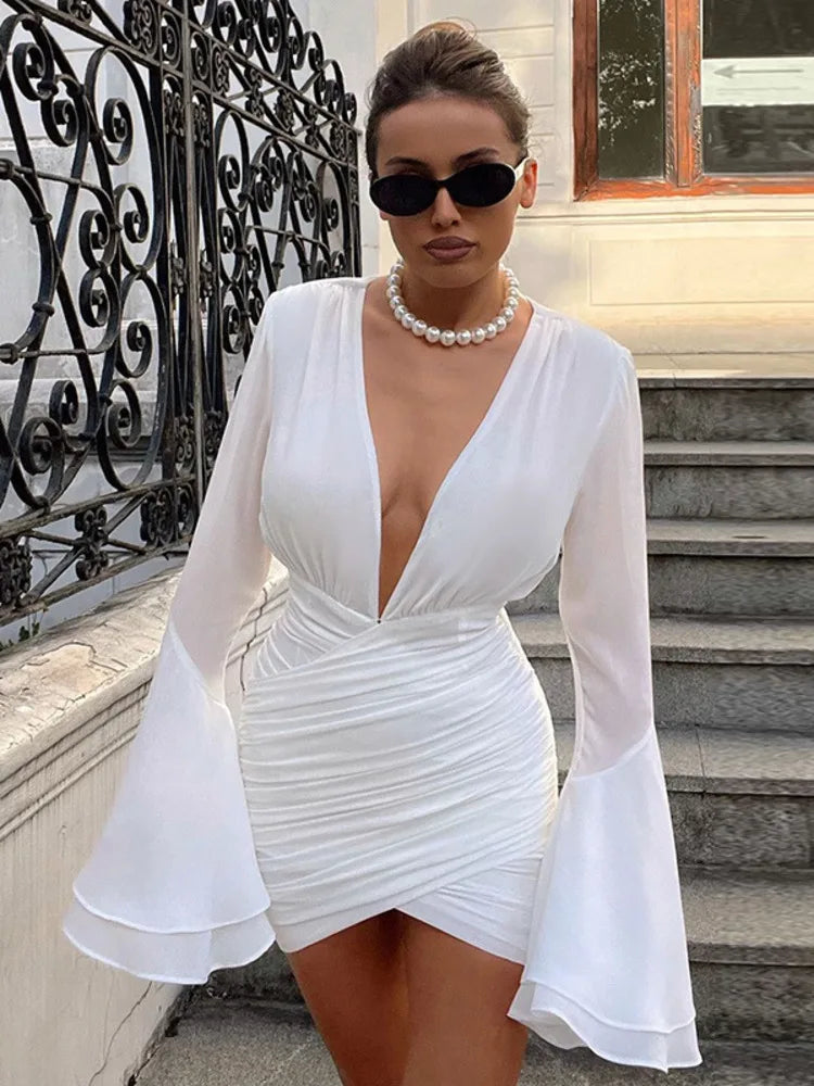 Elegant Deep V Neck White Ruched Bodycon Mini Dress Rown