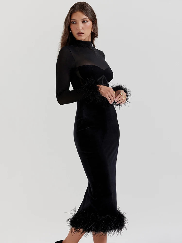 Elegant Feather Sheer Long Sleeve Backless Midi Dress Rown