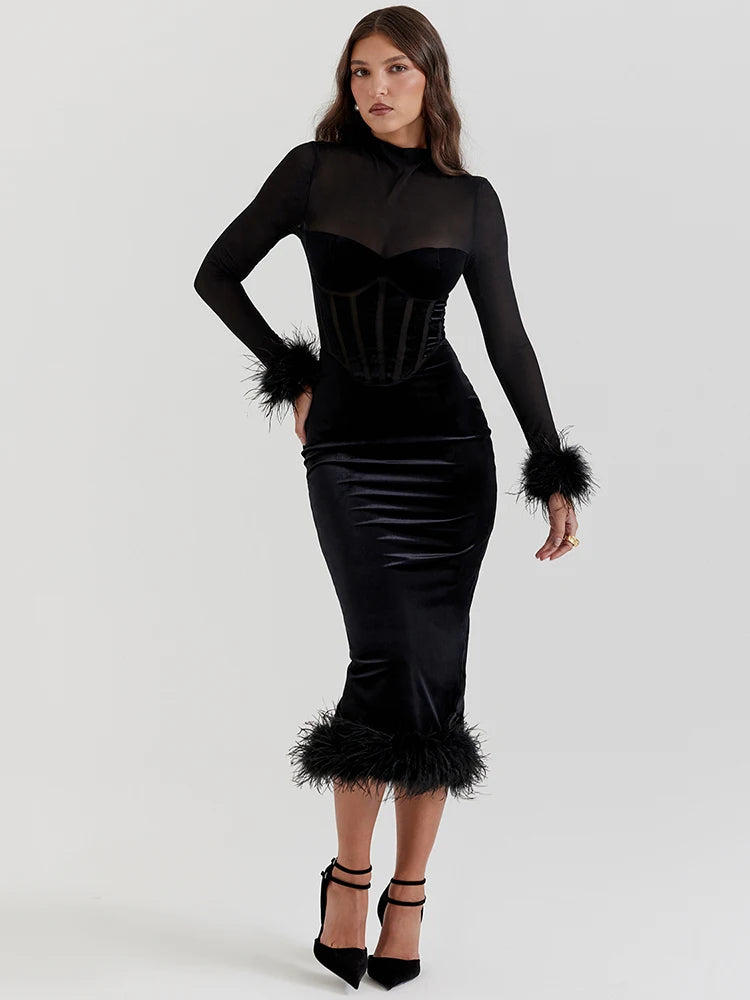 Elegant Feather Sheer Long Sleeve Backless Midi Dress Rown