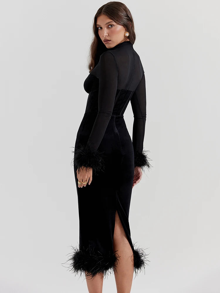 Elegant Feather Sheer Long Sleeve Backless Midi Dress Rown