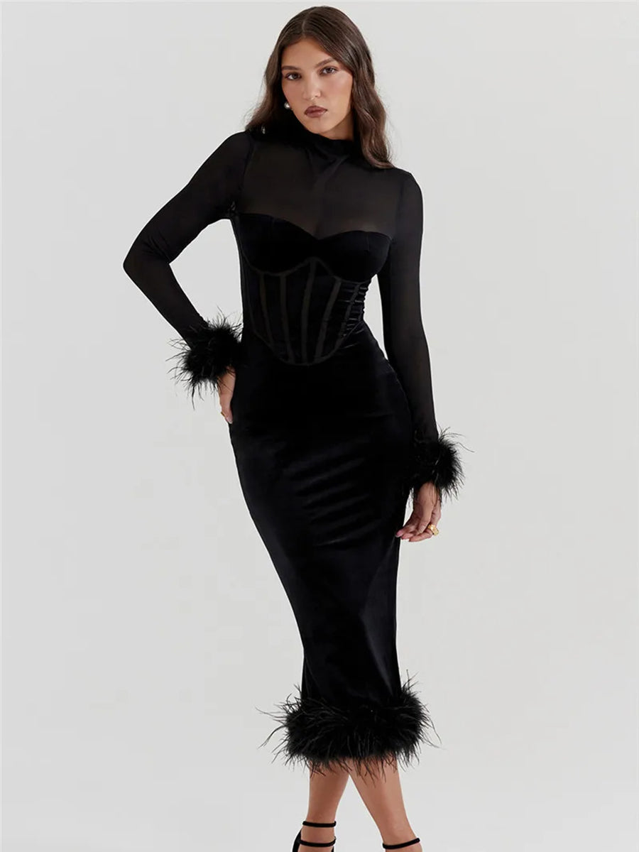 Elegant Feather Sheer Long Sleeve Backless Midi Dress Rown