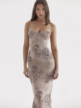 Elegant Floral Print Lace-up Split Maxi Dress Rown