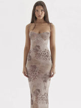 Elegant Floral Print Lace-up Split Maxi Dress Rown