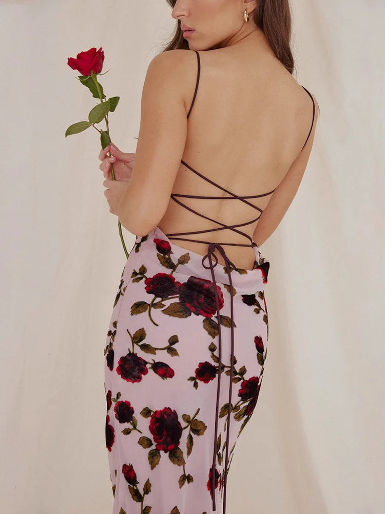 Elegant Floral Print Mesh Lace-up Backless Maxi Dress Rown