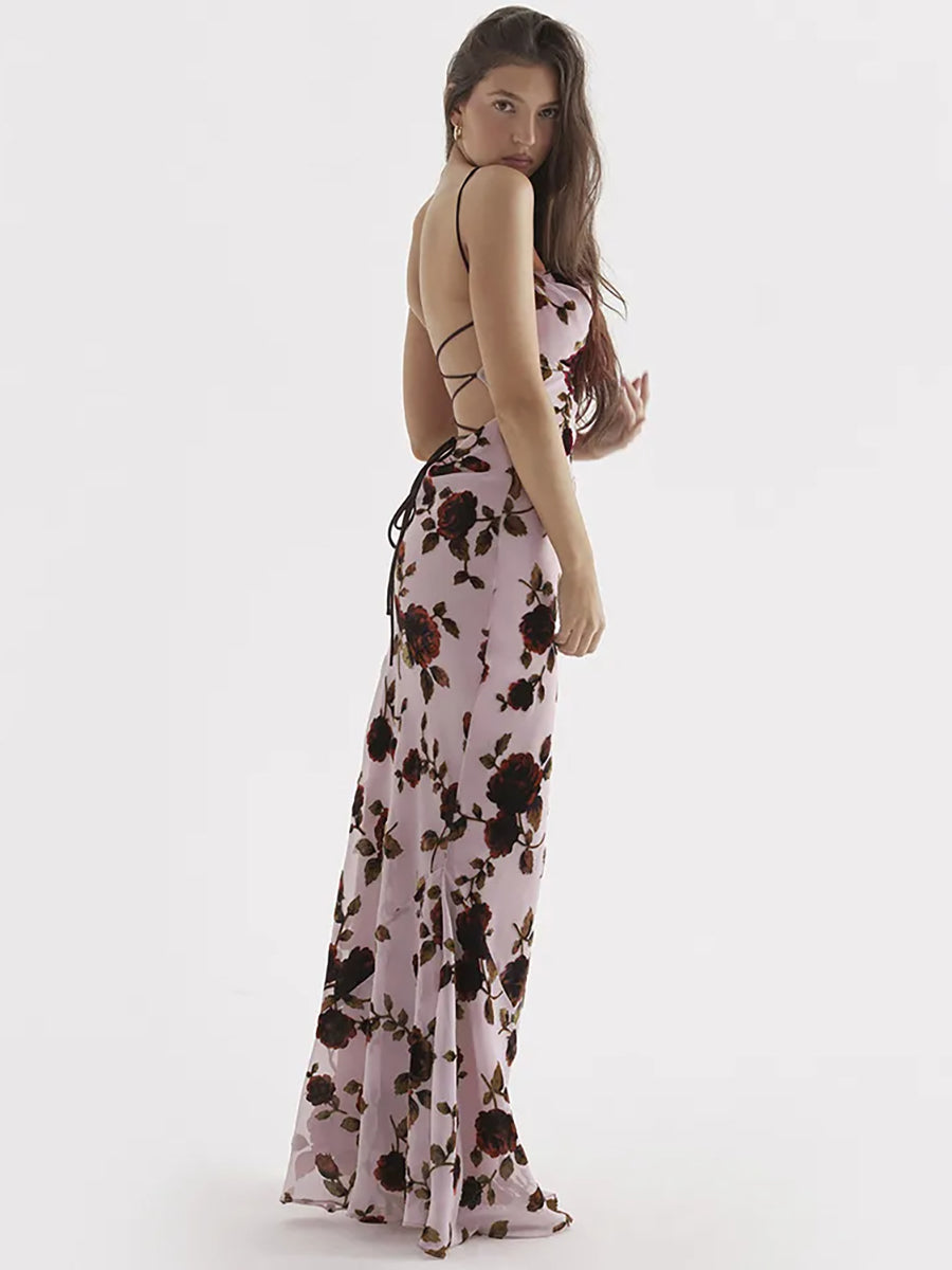 Elegant Floral Print Mesh Lace-up Backless Maxi Dress Rown