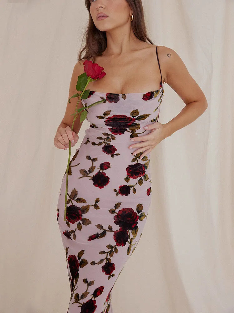 Elegant Floral Print Mesh Lace-up Backless Maxi Dress Rown