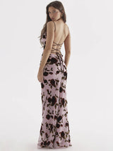Elegant Floral Print Mesh Lace-up Backless Maxi Dress Rown