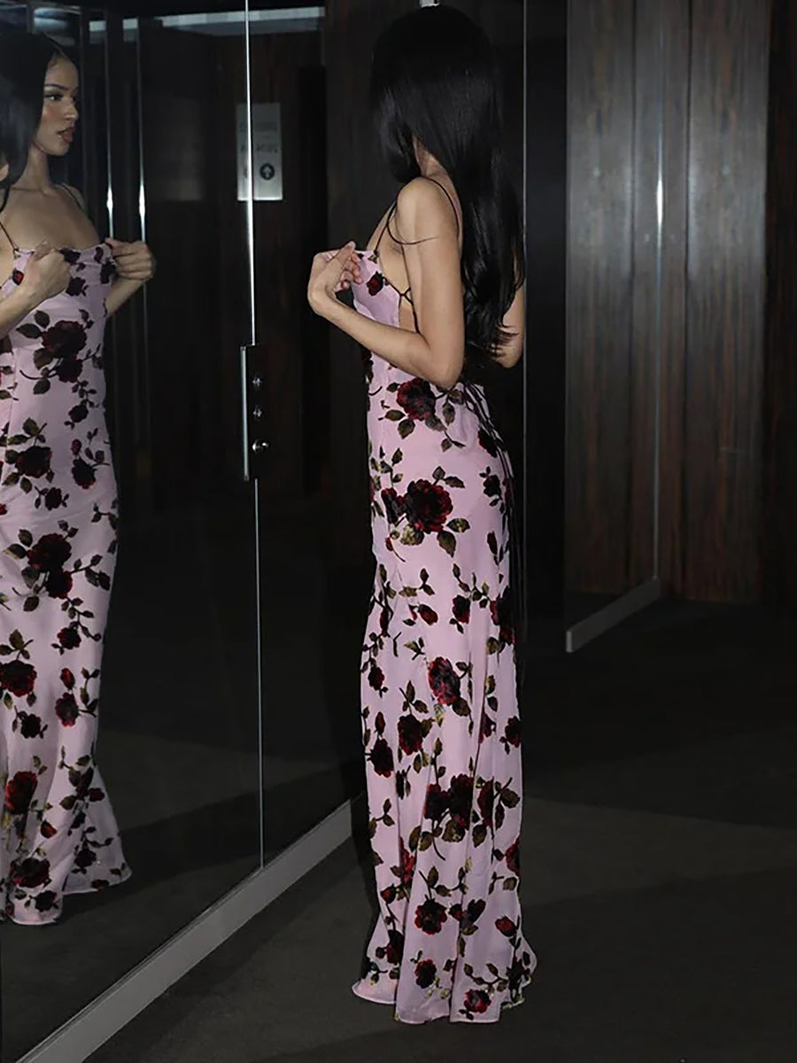 Elegant Floral Print Robe Backless Maxi Dress Rown