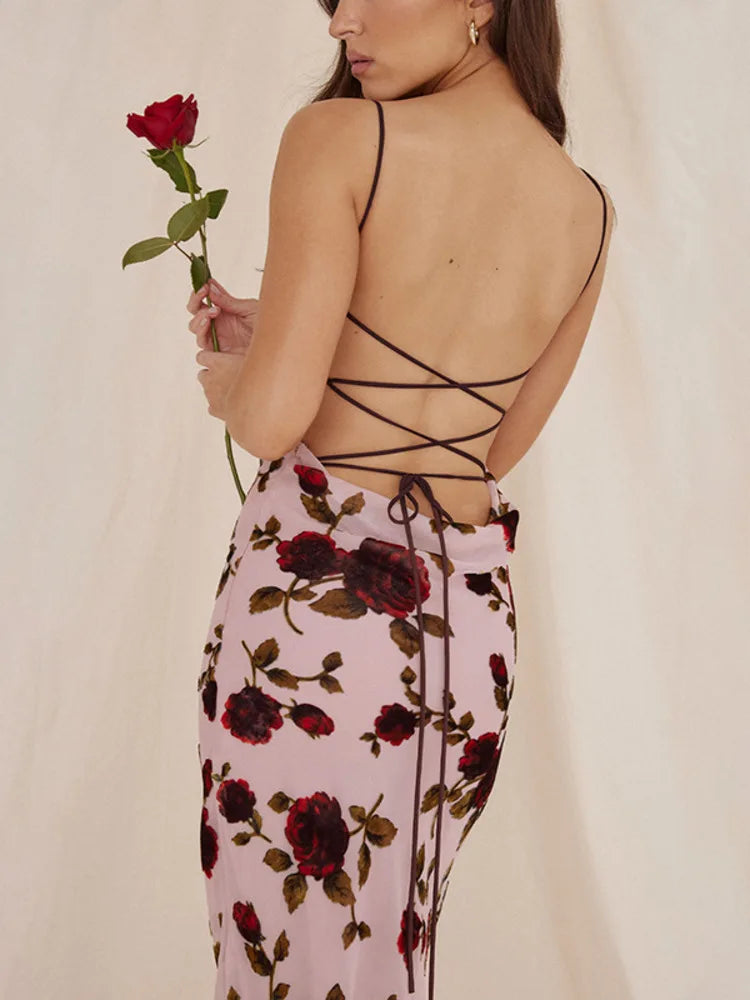 Elegant Floral Print Robe Backless Maxi Dress Rown