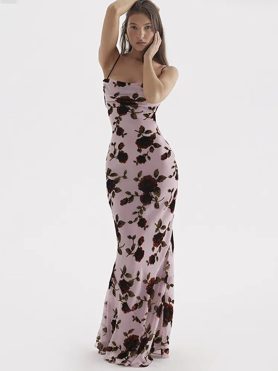 Elegant Floral Print Robe Backless Maxi Dress Rown