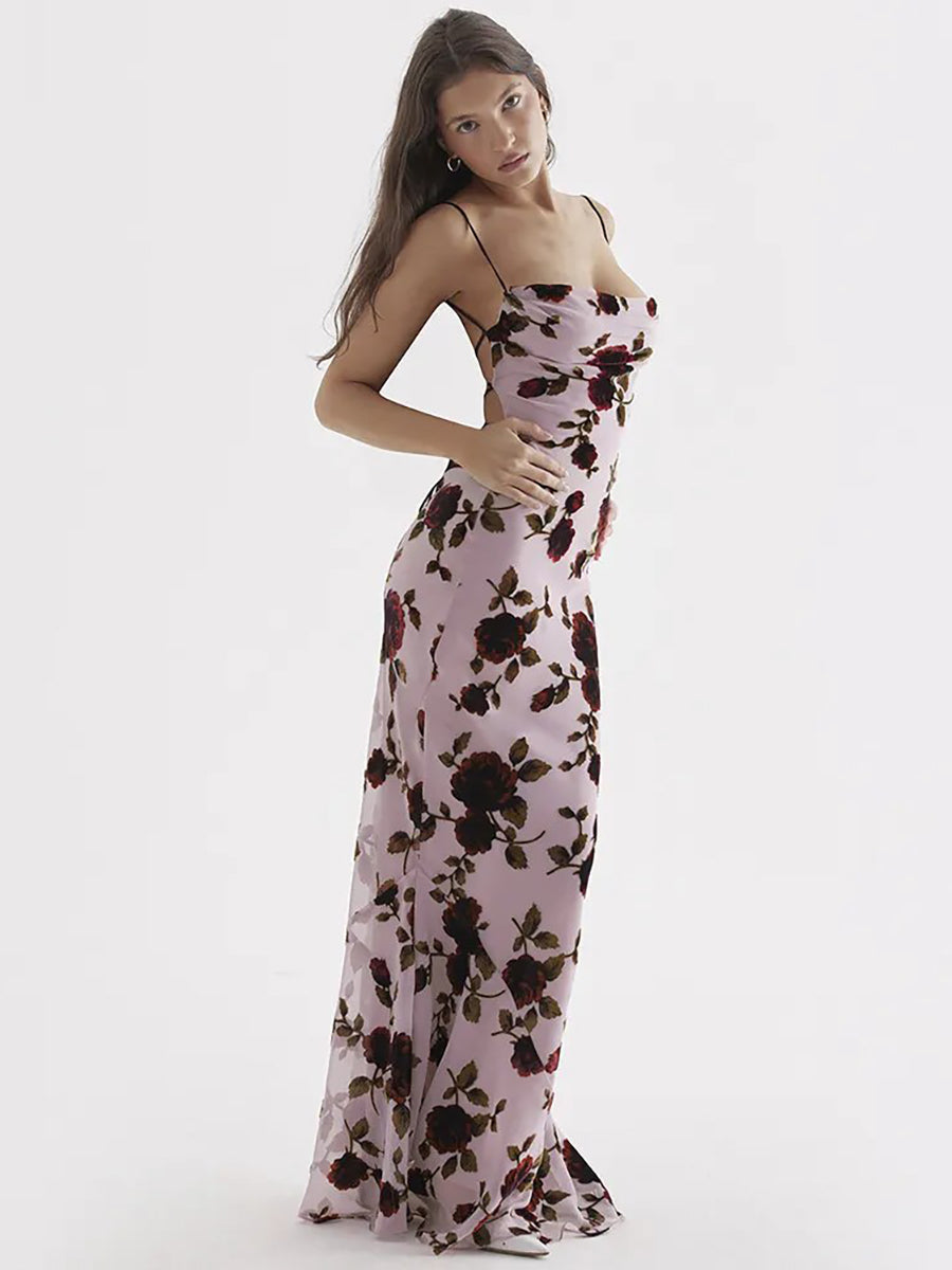 Elegant Floral Print Robe Backless Maxi Dress Rown