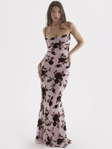 Elegant Floral Print Robe Backless Maxi Dress Rown