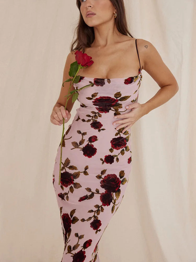 Elegant Floral Print Robe Backless Maxi Dress Rown