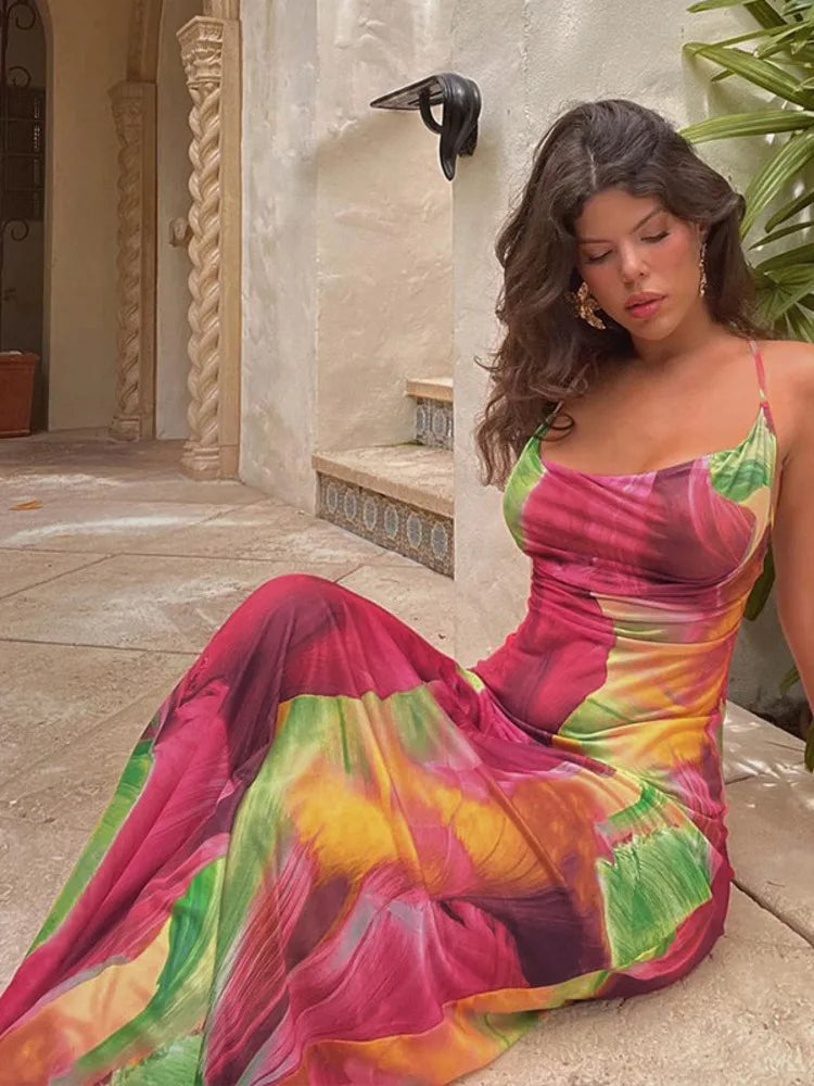 Elegant Floral Print Spaghetti Strap Backless Maxi Dress Rown