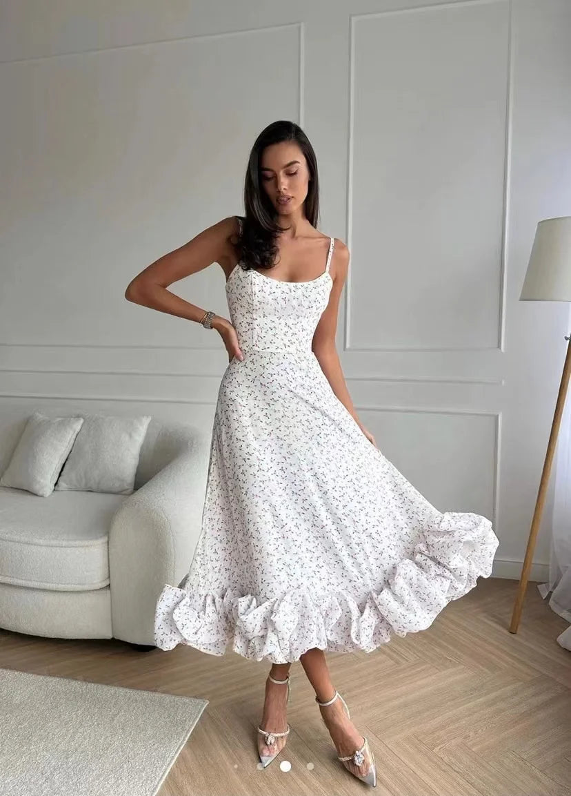 Elegant Flower Hem Backless Loose Midi Dress Rown