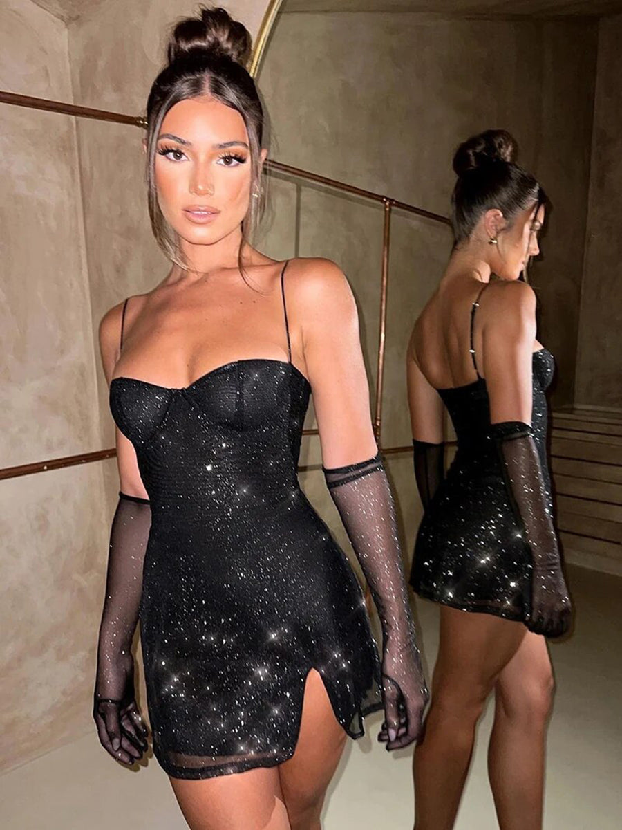 Elegant Glitter Off-shoulder Backless Bodycon Mini Dress Rown