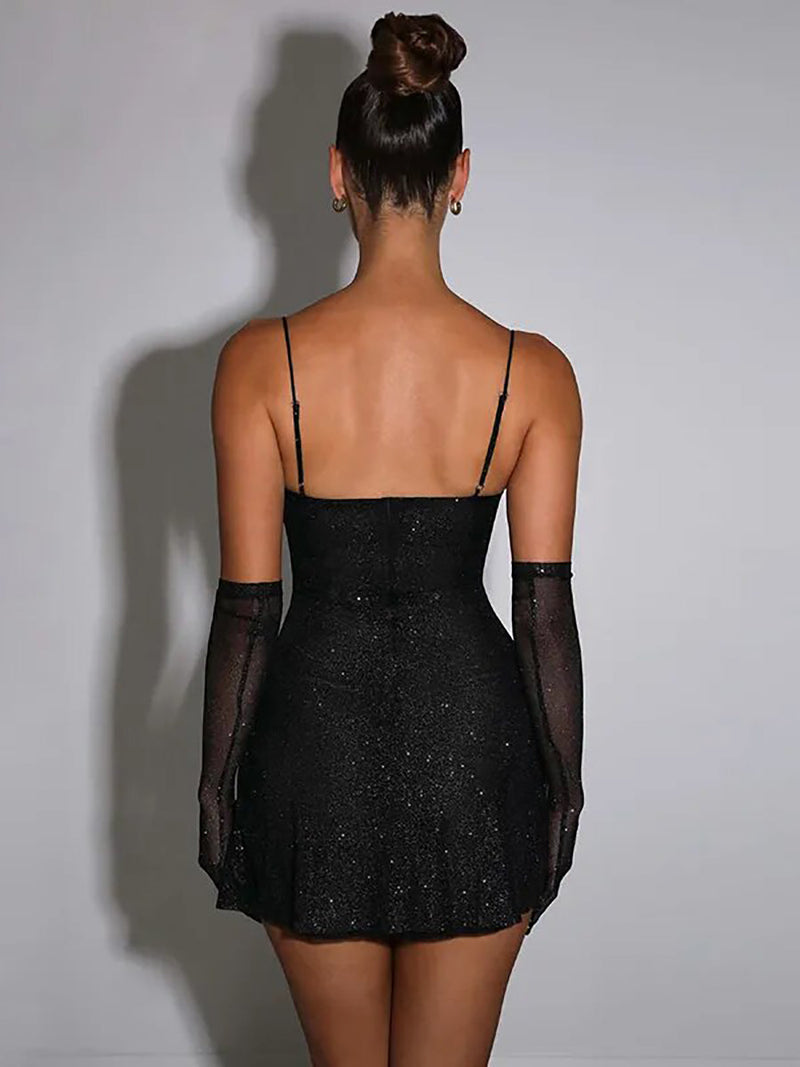Elegant Glitter Off-shoulder Backless Bodycon Mini Dress Rown