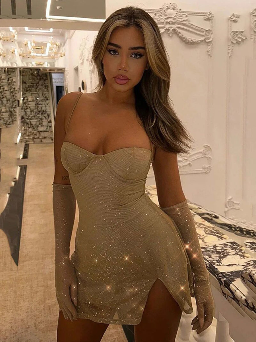 Elegant Glitter Off-shoulder Backless Bodycon Mini Dress Rown