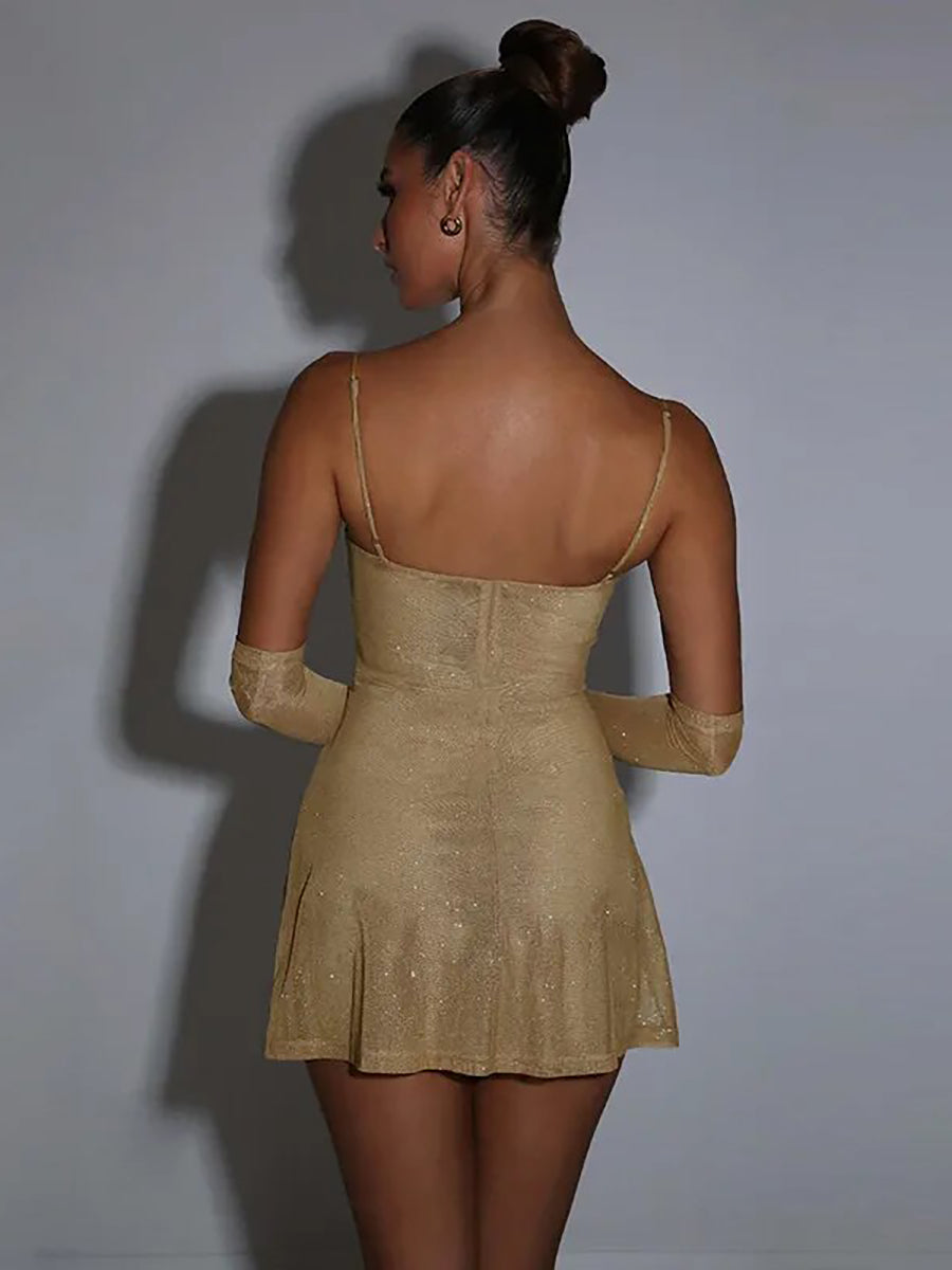 Elegant Glitter Off-shoulder Backless Bodycon Mini Dress Rown