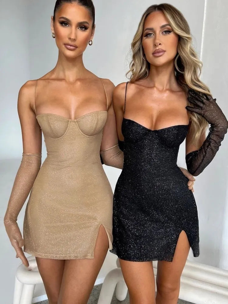 Elegant Glitter Off-shoulder Backless Bodycon Mini Dress Rown