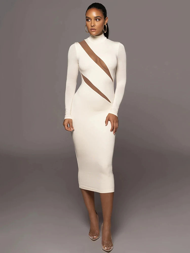 Elegant Half High Collar Bodycon Maxi Dress Rown