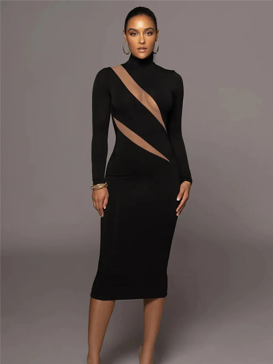 Elegant Half High Collar Bodycon Maxi Dress Rown