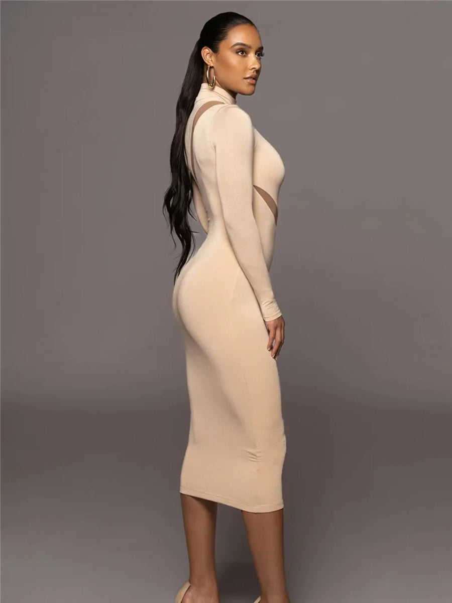 Elegant Half High Collar Bodycon Maxi Dress Rown