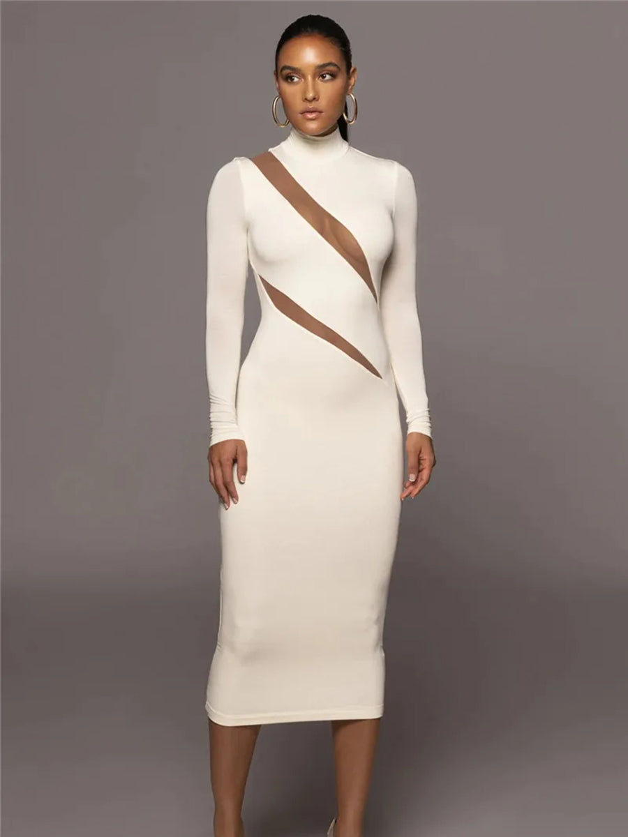 Elegant Half High Collar Bodycon Maxi Dress Rown