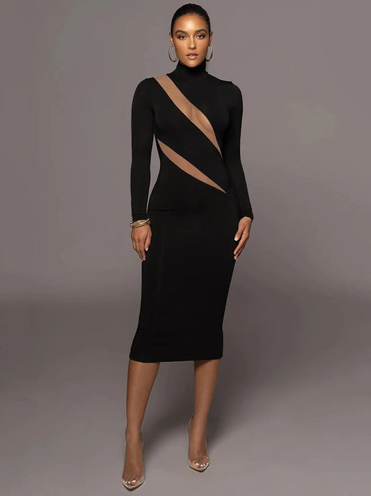 Elegant Half High Collar Bodycon Maxi Dress Rown