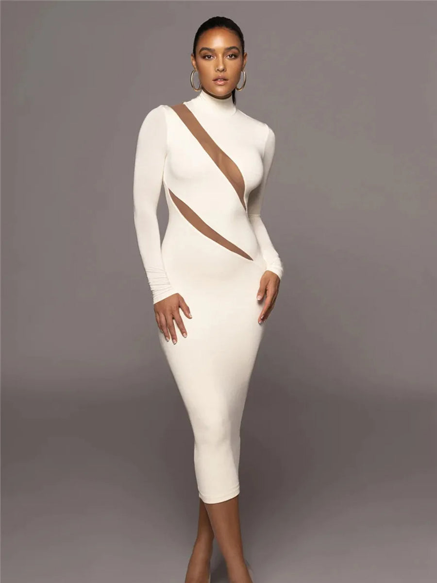 Elegant Half High Collar Bodycon Maxi Dress Rown