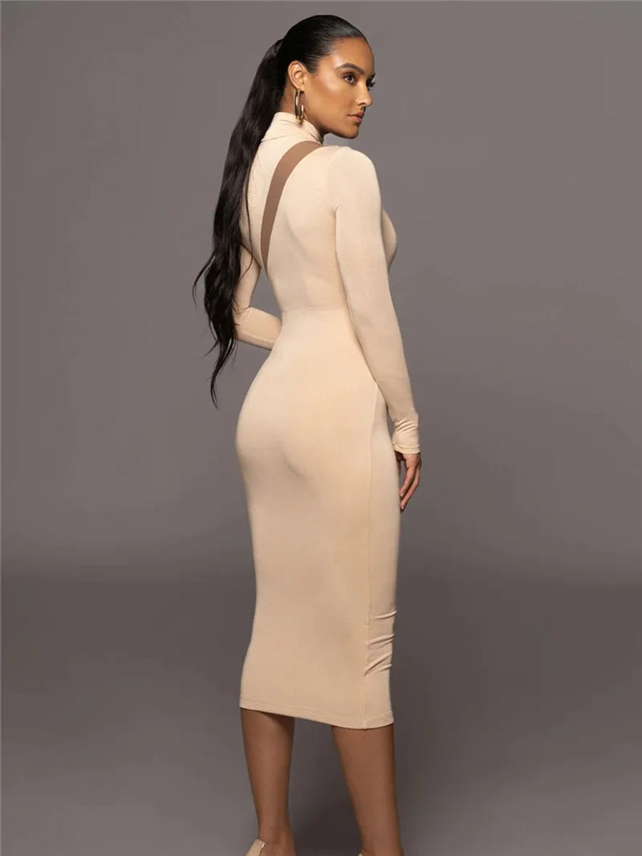 Elegant Half High Collar Bodycon Maxi Dress Rown