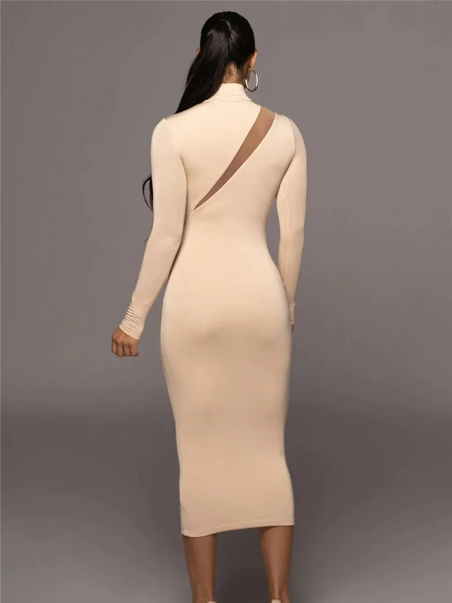 Elegant Half High Collar Bodycon Maxi Dress Rown