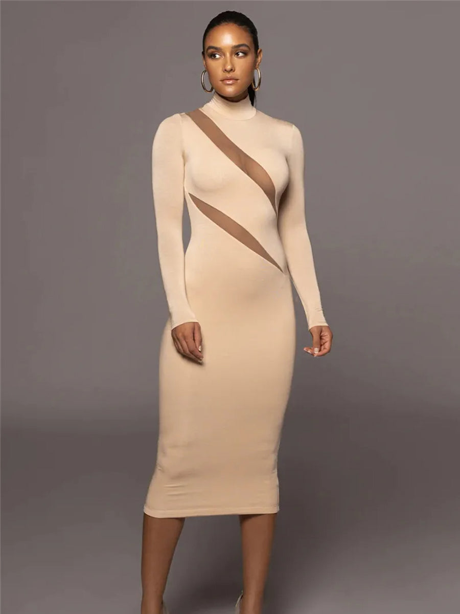 Elegant Half High Collar Bodycon Maxi Dress Rown