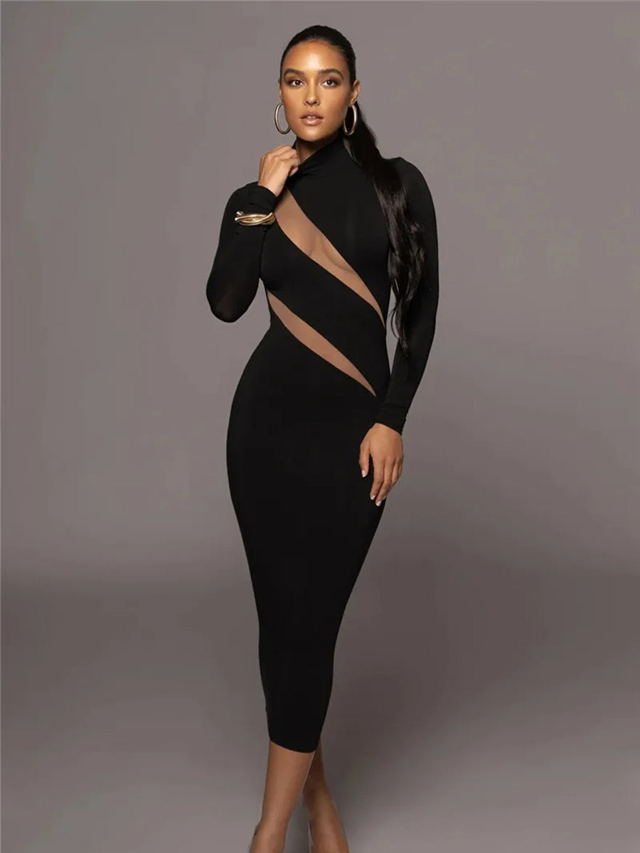 Elegant Half High Collar Bodycon Maxi Dress Rown