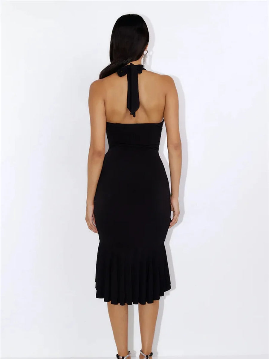 Elegant Halter V Neck Backless Ruffle Midi Dress Rown