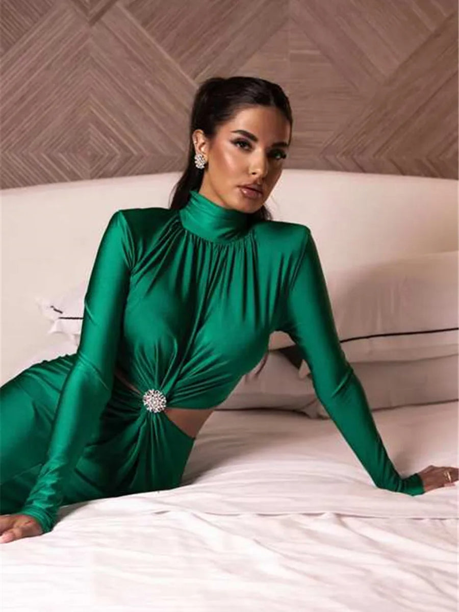 Elegant Hollow Out Turtleneck Long Sleeve Maxi Dress Rown