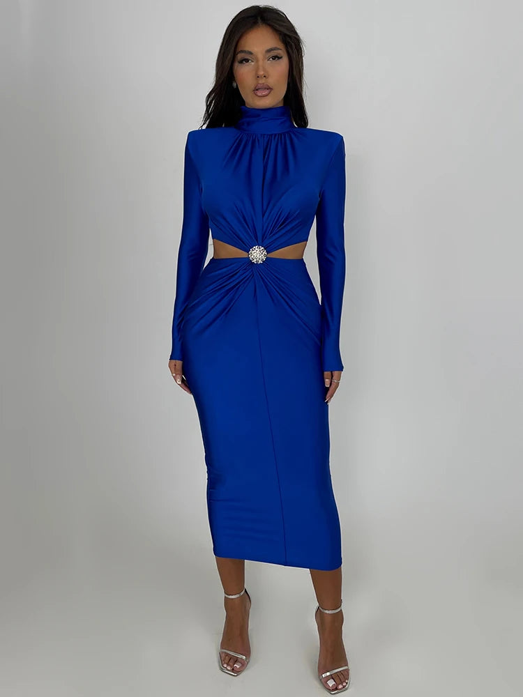 Elegant Hollow Out Turtleneck Long Sleeve Maxi Dress Rown