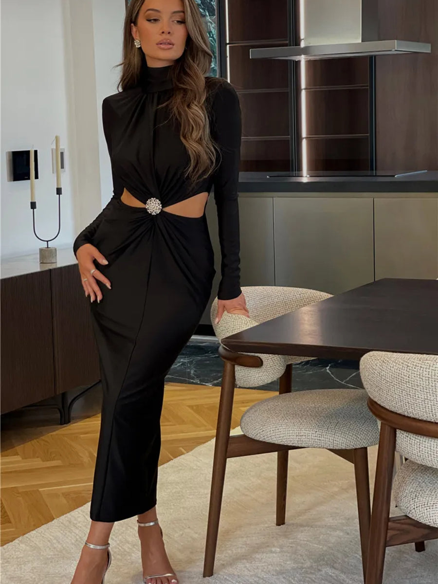 Elegant Hollow Out Turtleneck Long Sleeve Maxi Dress Rown