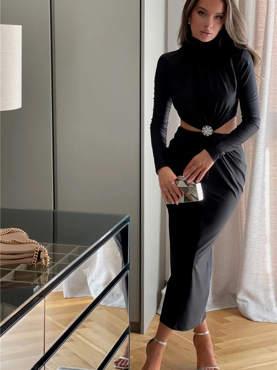 Elegant Hollow Out Turtleneck Long Sleeve Maxi Dress Rown