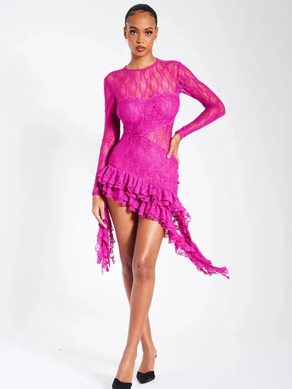 Elegant Lace O Neck Long Sleeve Ruffle Mini Dress Rown