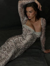 Elegant Lace Patchwork Striped Print Midi Dress Rown