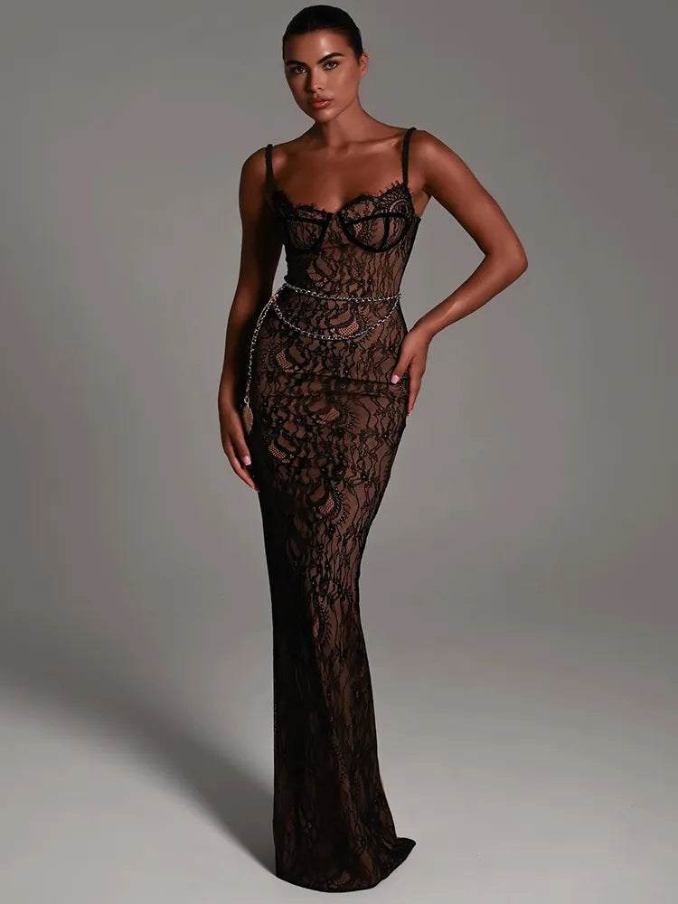 Elegant Lace Print Backless Bodycon Maxi Dress Rown