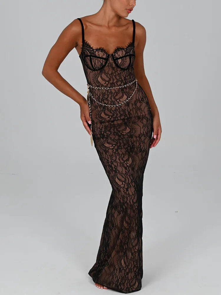 Elegant Lace Print Backless Bodycon Maxi Dress Rown